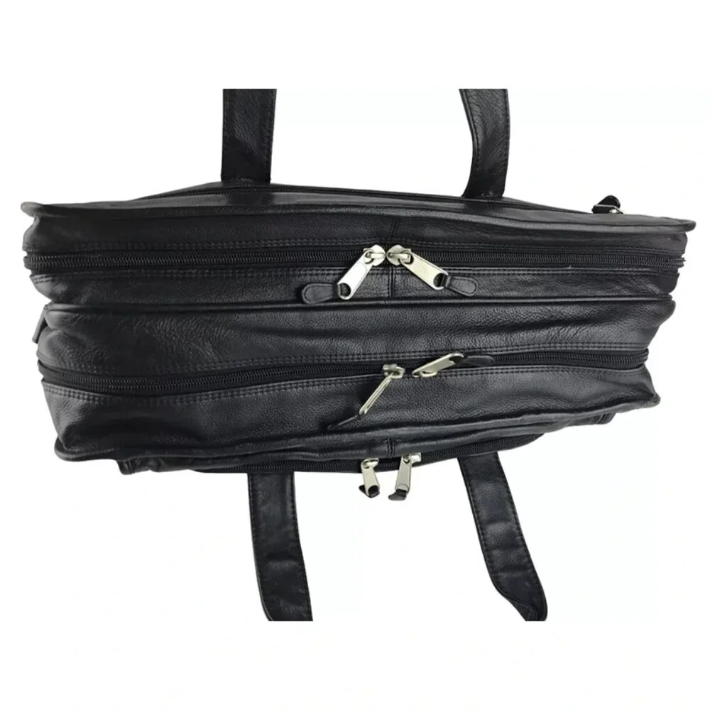 Ili Unisex Black Leather Inner Zip Pockets Top Handle Briefcase Document‎ Case